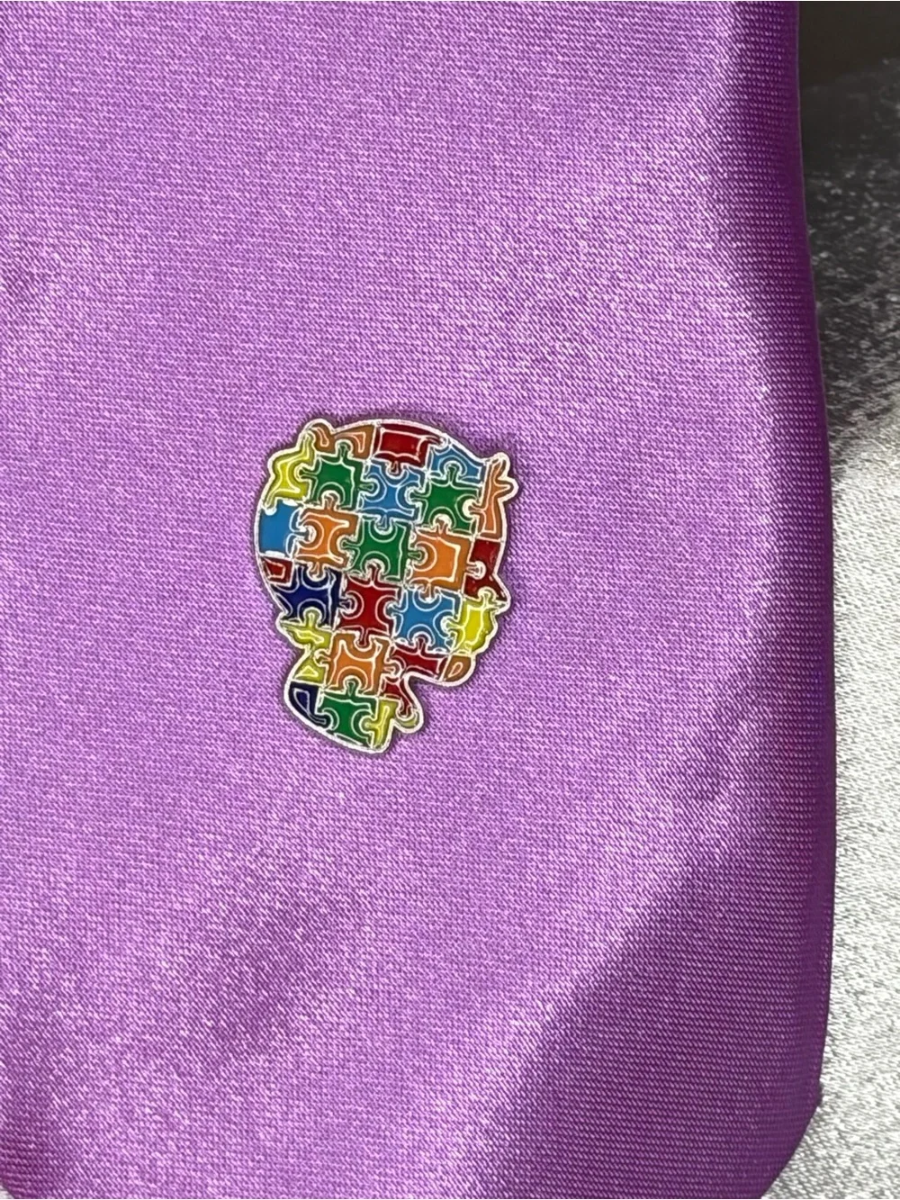 Womens Satin Purple Decorative Tie with Puzzle Ribbon Pins for Autism Awareness